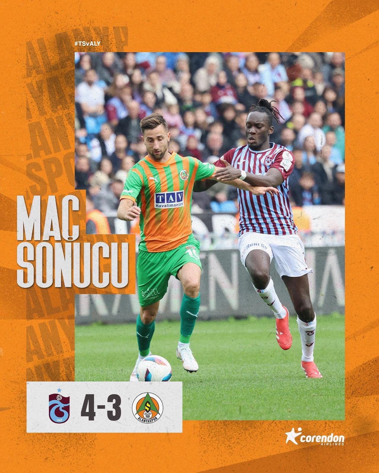 Trendyol Süper Lig’in 33. haftasında Trabzonspor, sahasında Corendon Alanyaspor’u 4-3