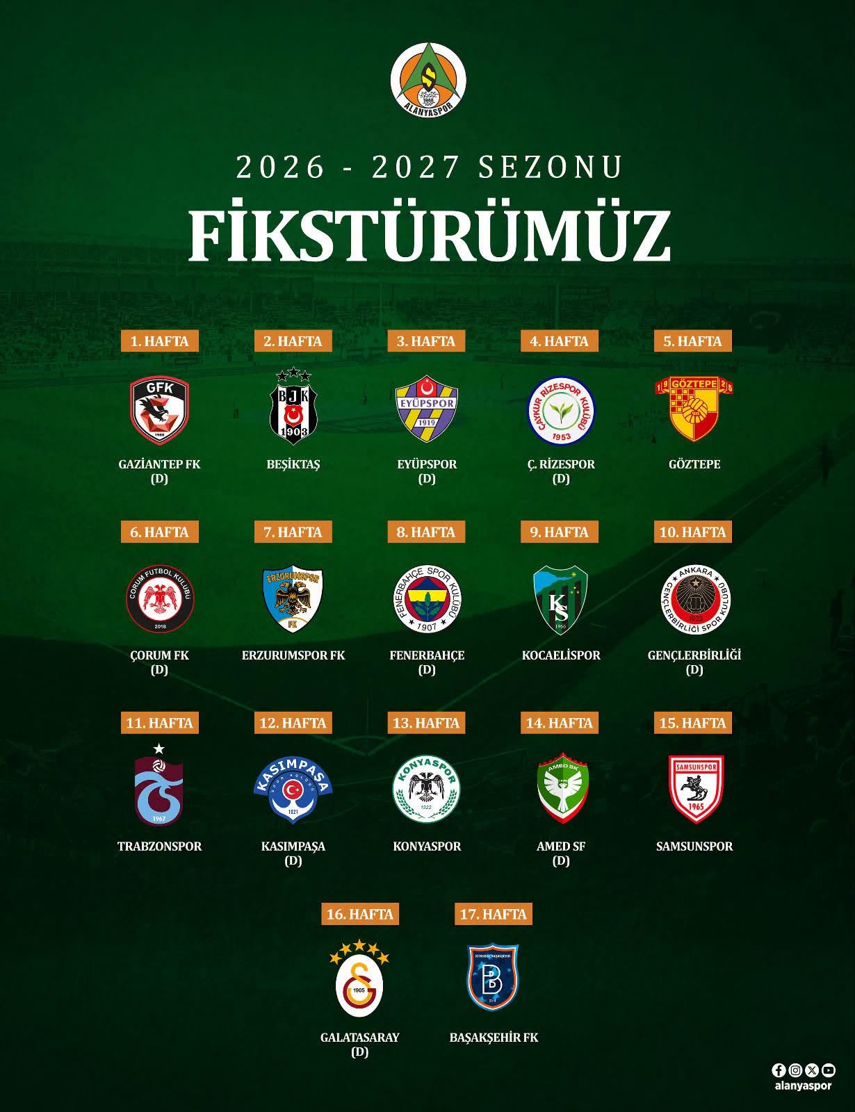 Süper Lig ekiplerinden Alanyaspor’un yeni sezon fikstürü belli oldu. Buna